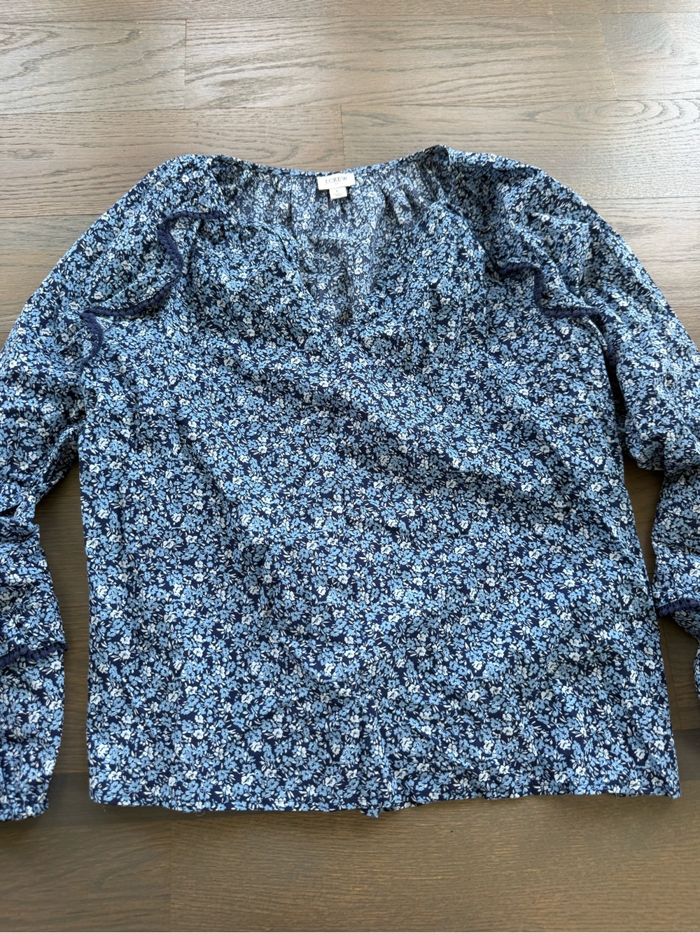J. Crew Navy and Light Blue Floral V-Neck Blouse